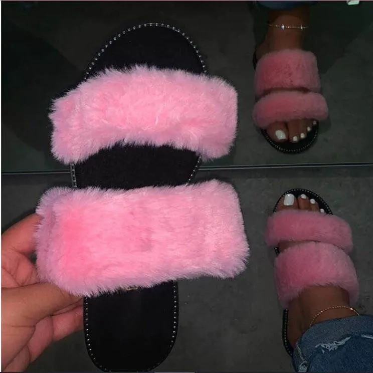Chicvane Women's Rhinestone Cutout Fuzzy Faux Fur Slide Slippers