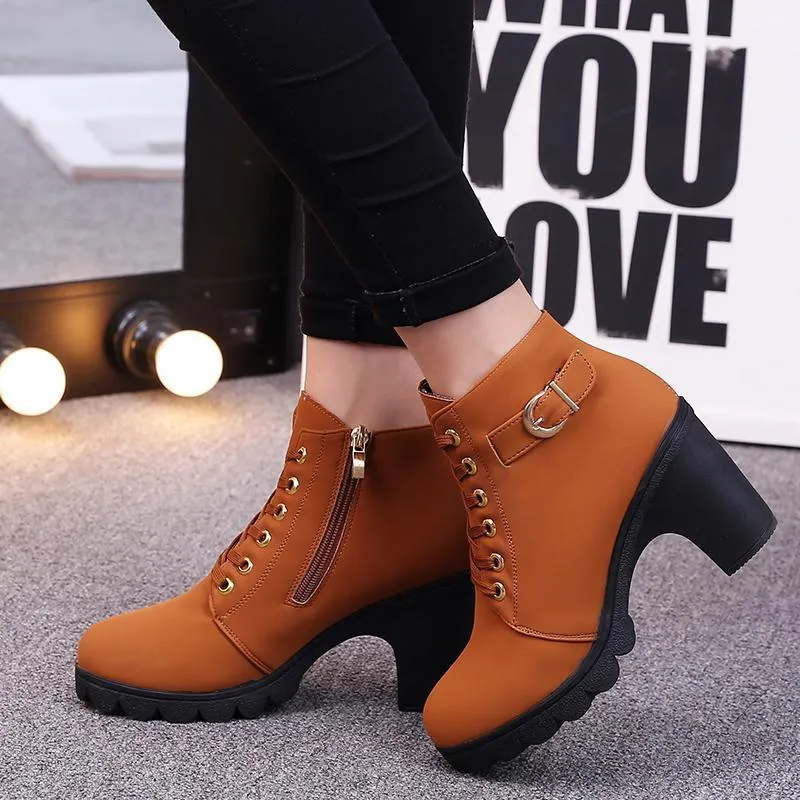 Chicvane Womens Round Toe Lace Up Chunky Heel Ankle Boots With Strap Buckle