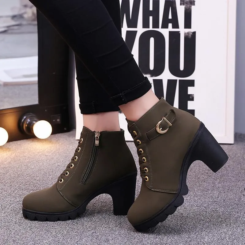 Chicvane Womens Round Toe Lace Up Chunky Heel Ankle Boots With Strap Buckle