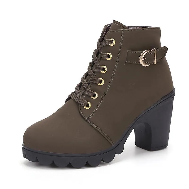 Chicvane Womens Round Toe Lace Up Chunky Heel Ankle Boots With Strap Buckle