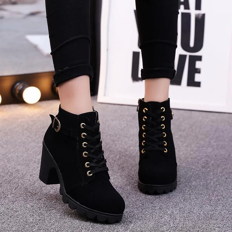 Chicvane Womens Round Toe Lace Up Chunky Heel Ankle Boots With Strap Buckle