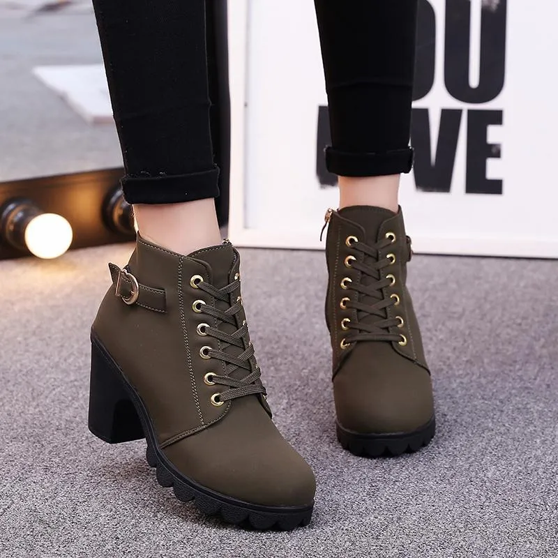 Chicvane Womens Round Toe Lace Up Chunky Heel Ankle Boots With Strap Buckle