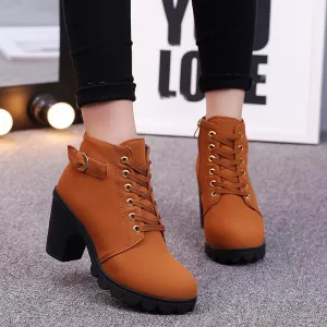 Chicvane Womens Round Toe Lace Up Chunky Heel Ankle Boots With Strap Buckle