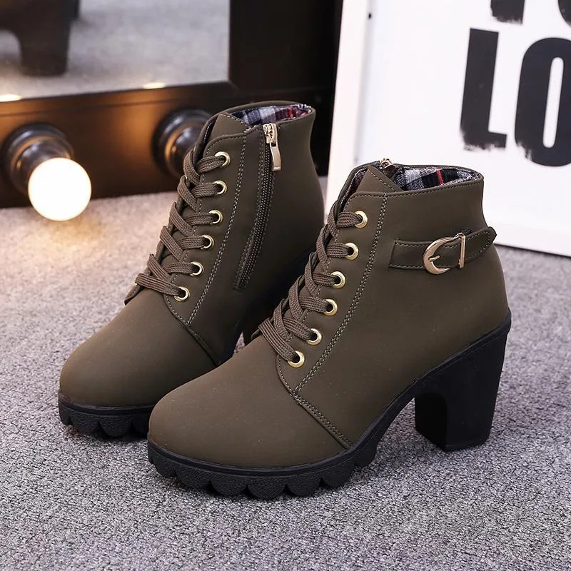 Chicvane Womens Round Toe Lace Up Chunky Heel Ankle Boots With Strap Buckle