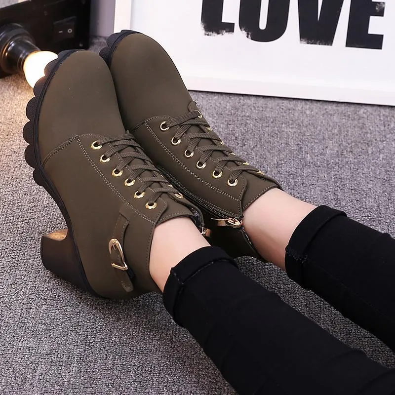 Chicvane Womens Round Toe Lace Up Chunky Heel Ankle Boots With Strap Buckle