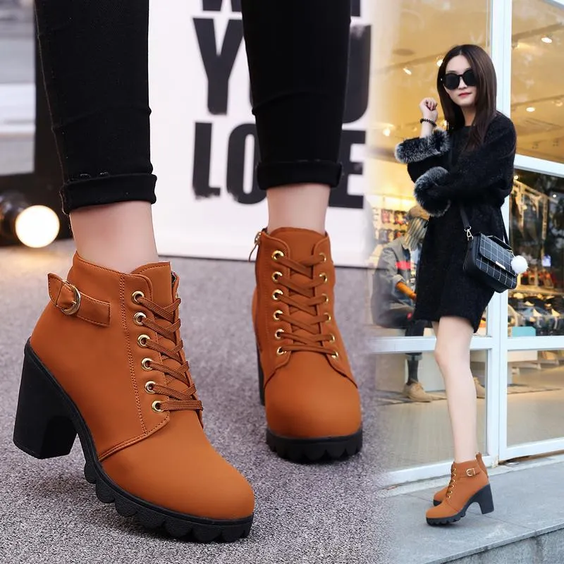 Chicvane Womens Round Toe Lace Up Chunky Heel Ankle Boots With Strap Buckle