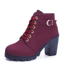 Chicvane Womens Round Toe Lace Up Chunky Heel Ankle Boots With Strap Buckle