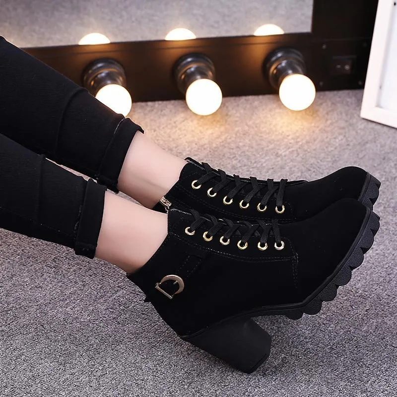 Chicvane Womens Round Toe Lace Up Chunky Heel Ankle Boots With Strap Buckle