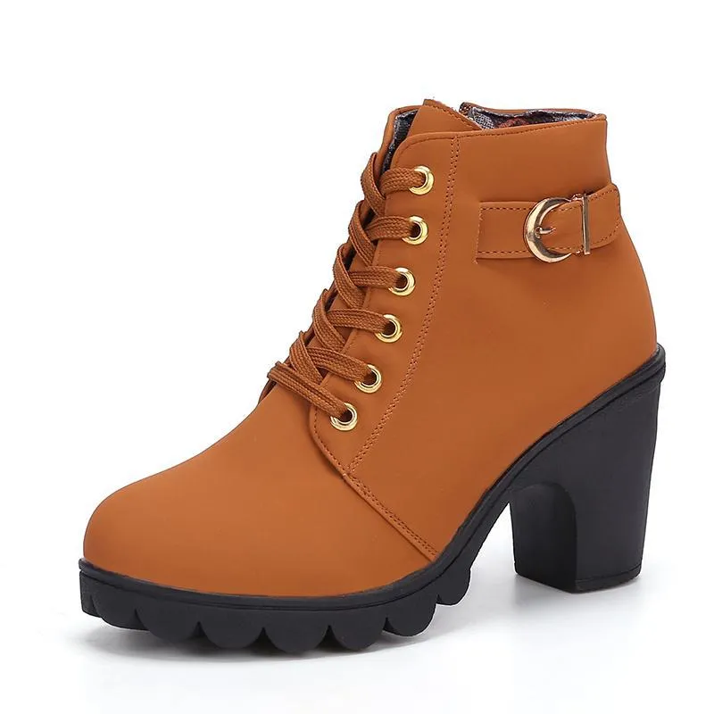 Chicvane Womens Round Toe Lace Up Chunky Heel Ankle Boots With Strap Buckle