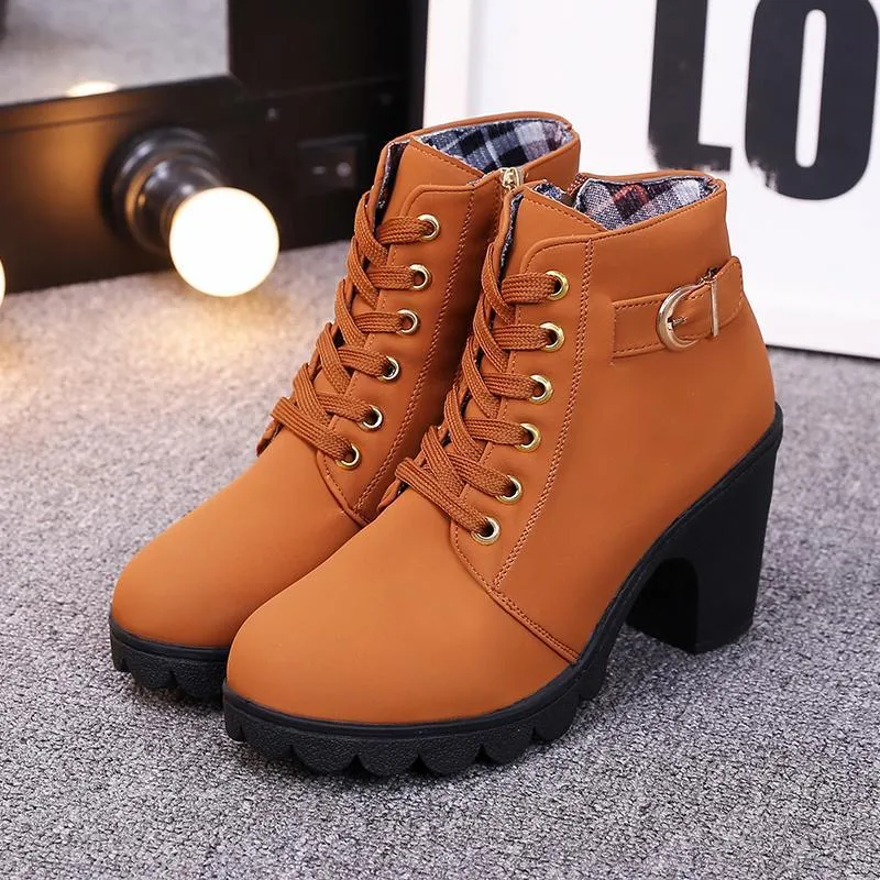 Chicvane Womens Round Toe Lace Up Chunky Heel Ankle Boots With Strap Buckle