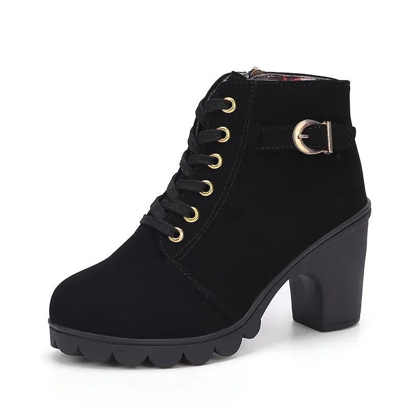 Chicvane Womens Round Toe Lace Up Chunky Heel Ankle Boots With Strap Buckle