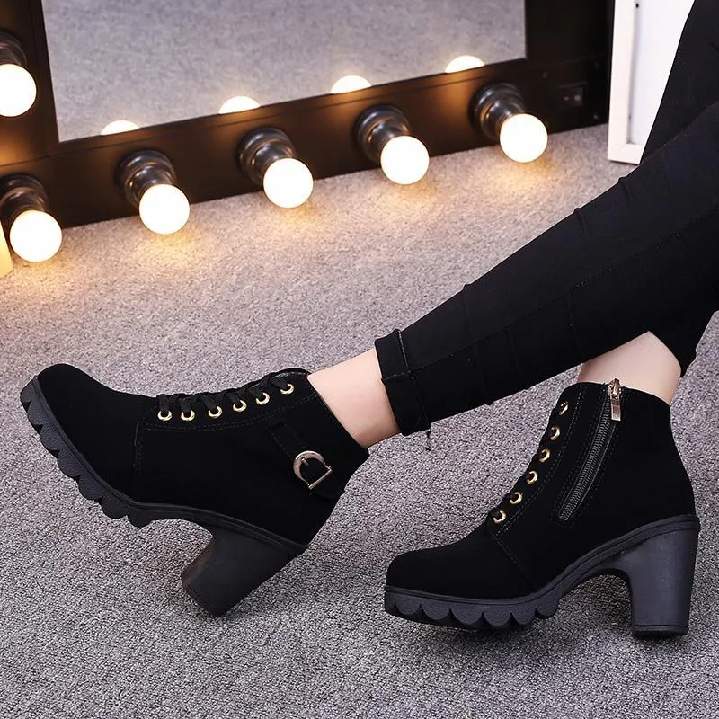 Chicvane Womens Round Toe Lace Up Chunky Heel Ankle Boots With Strap Buckle