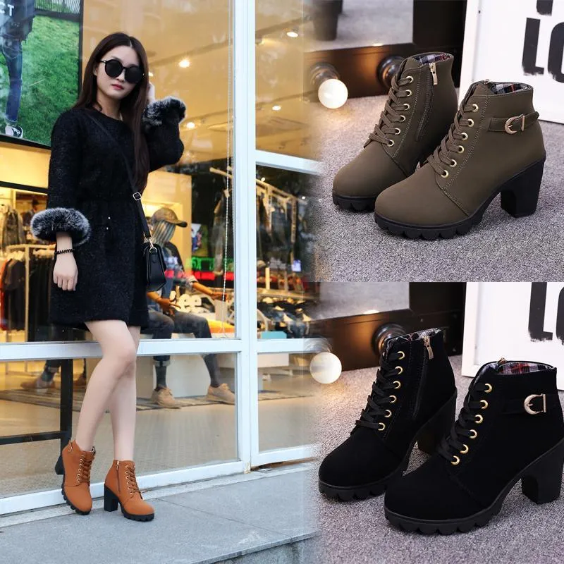 Chicvane Womens Round Toe Lace Up Chunky Heel Ankle Boots With Strap Buckle
