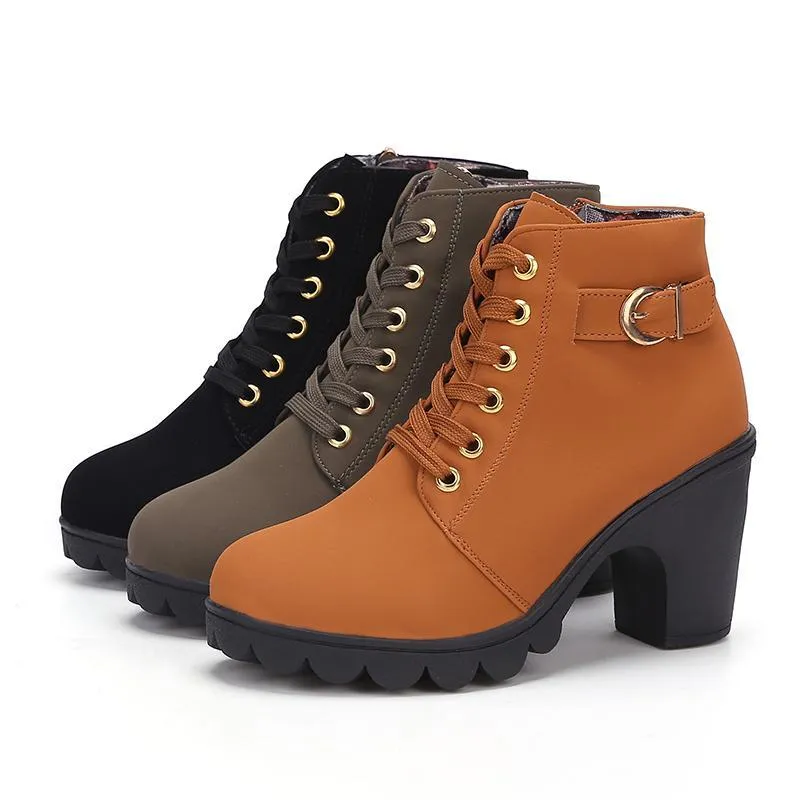 Chicvane Womens Round Toe Lace Up Chunky Heel Ankle Boots With Strap Buckle