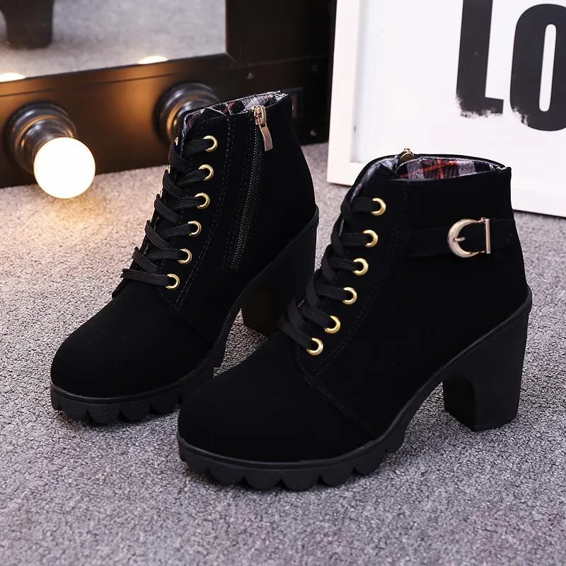 Chicvane Womens Round Toe Lace Up Chunky Heel Ankle Boots With Strap Buckle