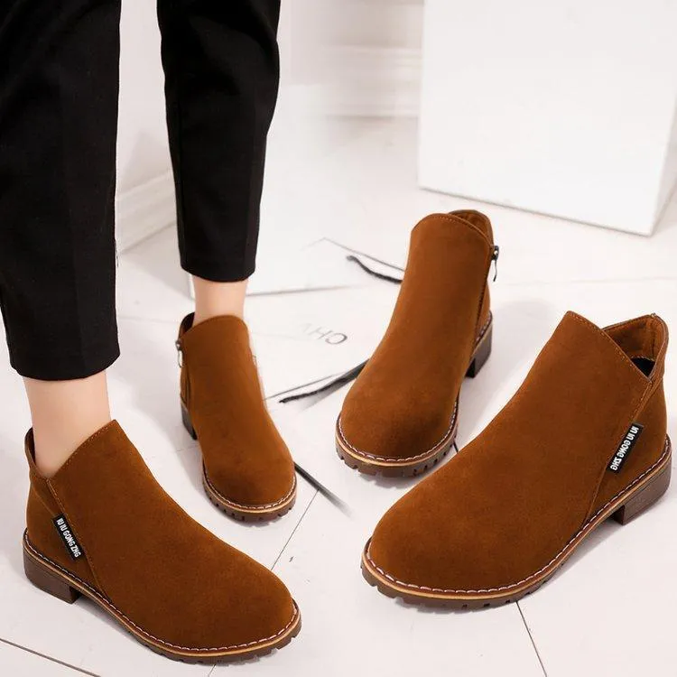 Chicvane Womens Suede Flat Heel Boots Zipper Closure Ankle Boots