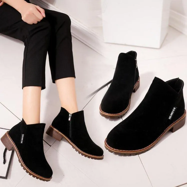 Chicvane Womens Suede Flat Heel Boots Zipper Closure Ankle Boots