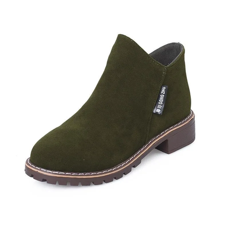 Chicvane Womens Suede Flat Heel Boots Zipper Closure Ankle Boots