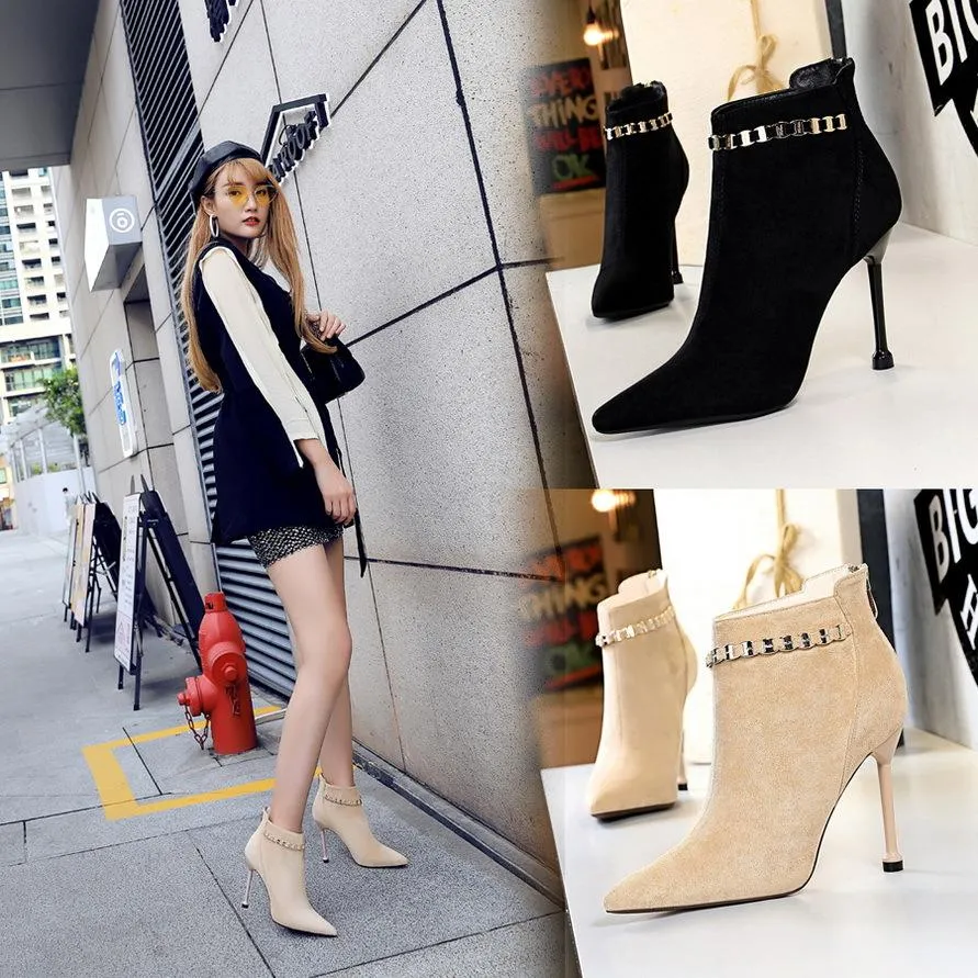 Chicvane Womens Suede Metal Chain Pointed Toe Stiletto Heel Ankle Boots