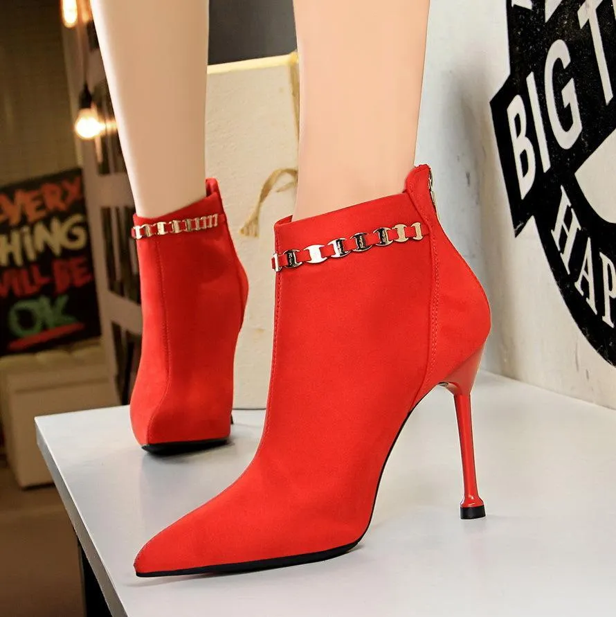 Chicvane Womens Suede Metal Chain Pointed Toe Stiletto Heel Ankle Boots