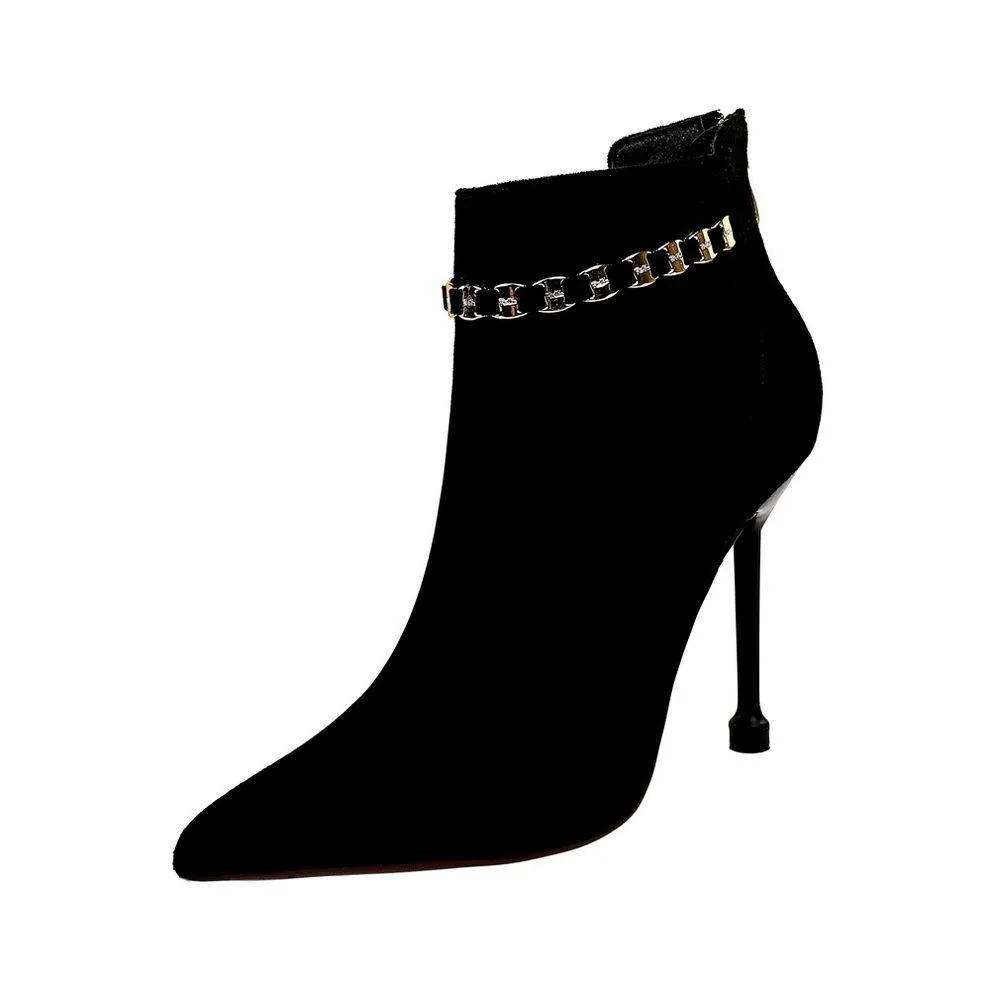 Chicvane Womens Suede Metal Chain Pointed Toe Stiletto Heel Ankle Boots