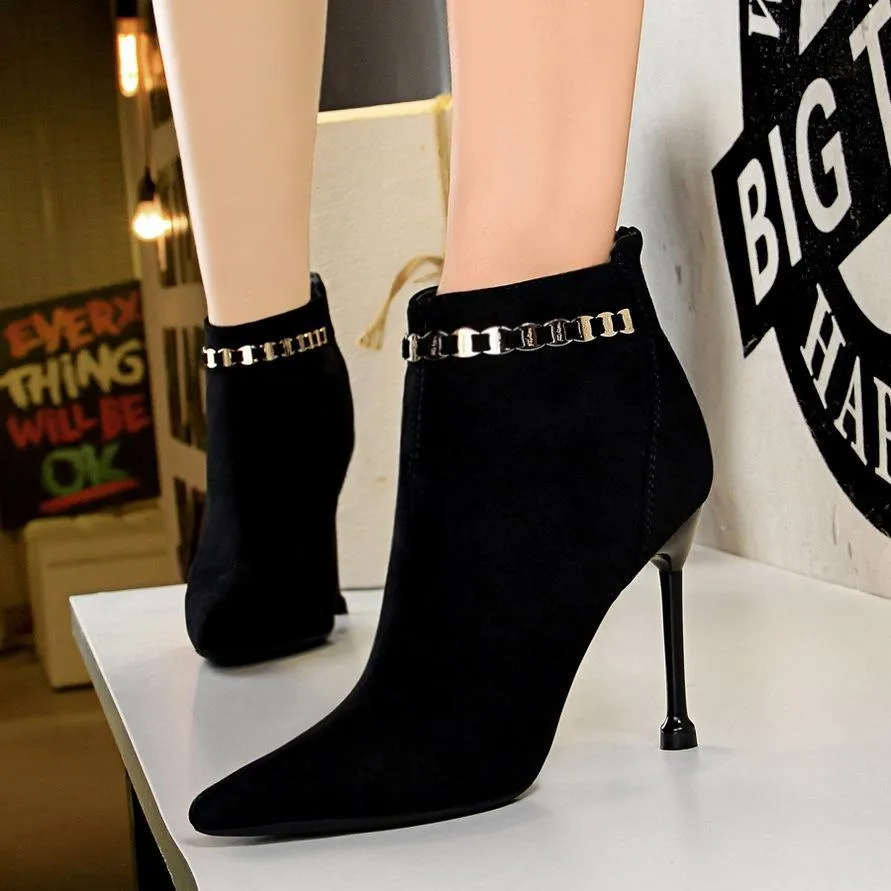 Chicvane Womens Suede Metal Chain Pointed Toe Stiletto Heel Ankle Boots
