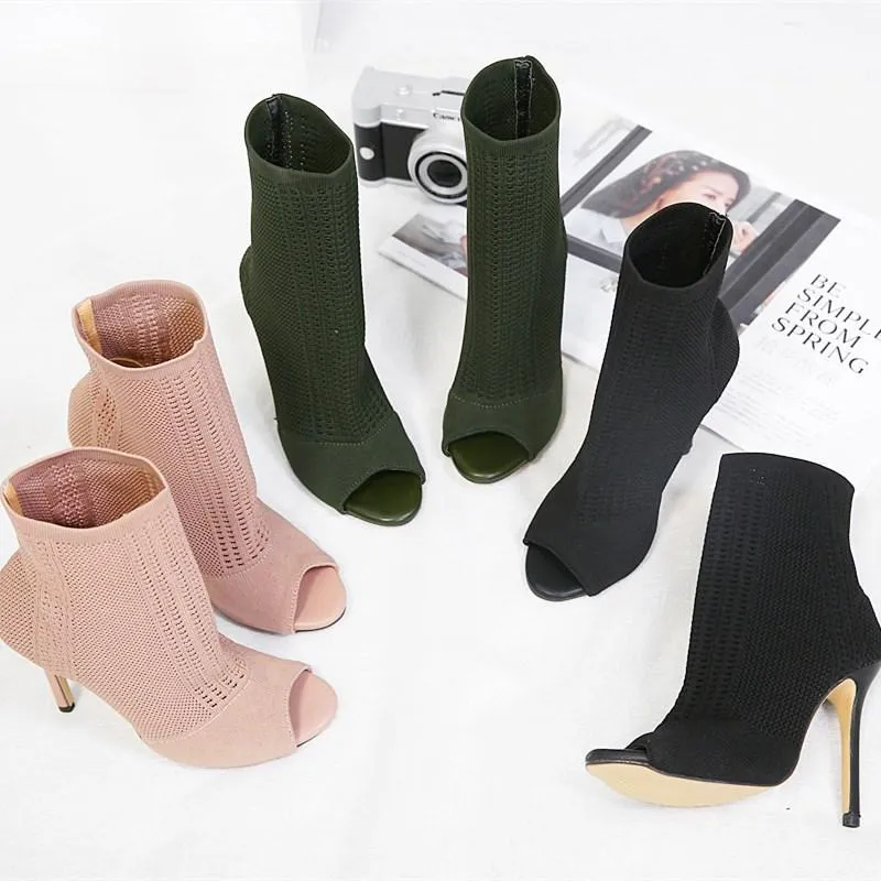 Chicvane Woolen Yarn Open Toe Stiletto Heel Mid Calf Boots For Girls