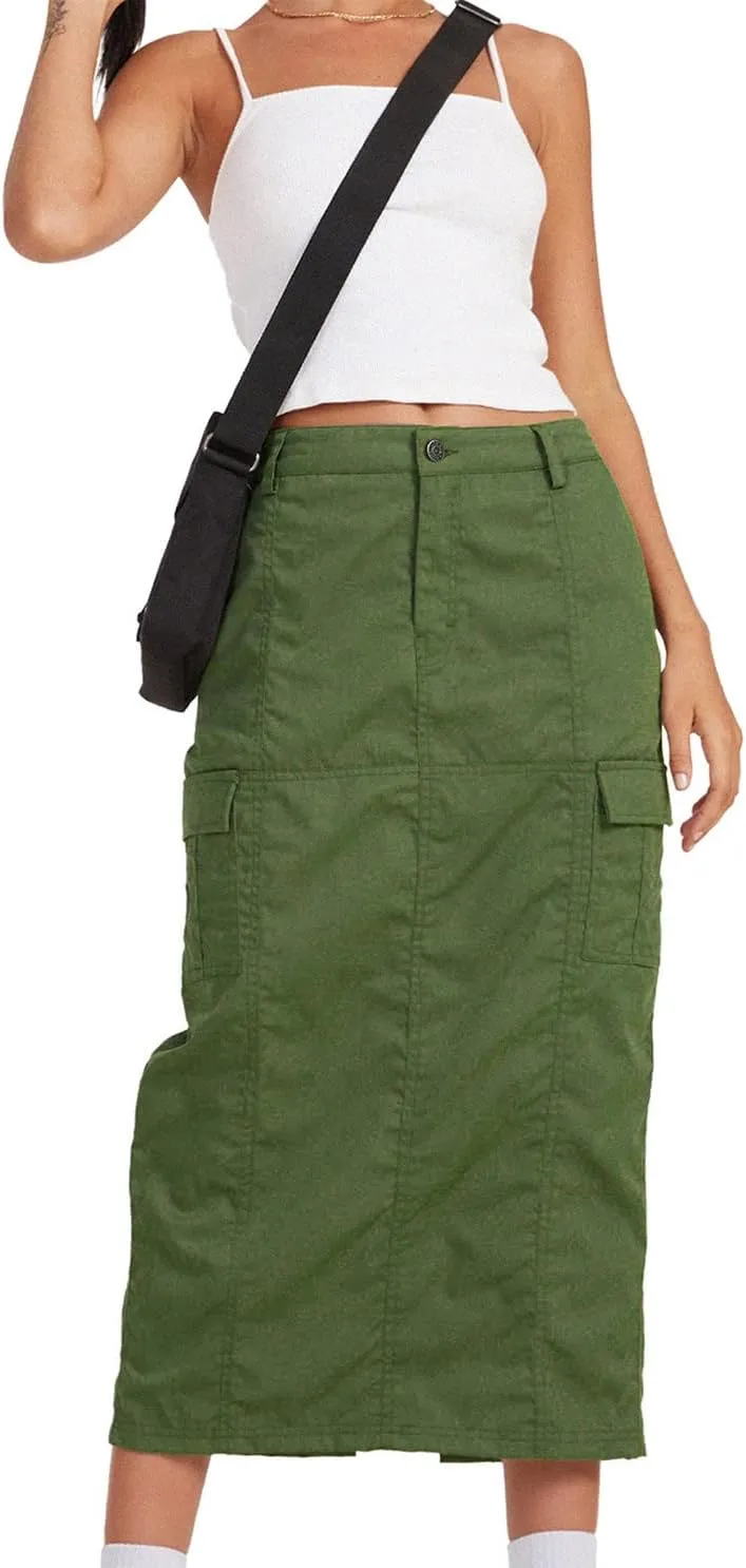 chouyatou Womens Summer Fashion Long Y2k Cargo Skirt A-Line Midi Skirt with Cargo Pockets