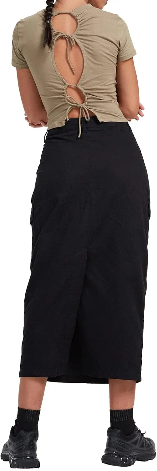chouyatou Womens Summer Fashion Long Y2k Cargo Skirt A-Line Midi Skirt with Cargo Pockets