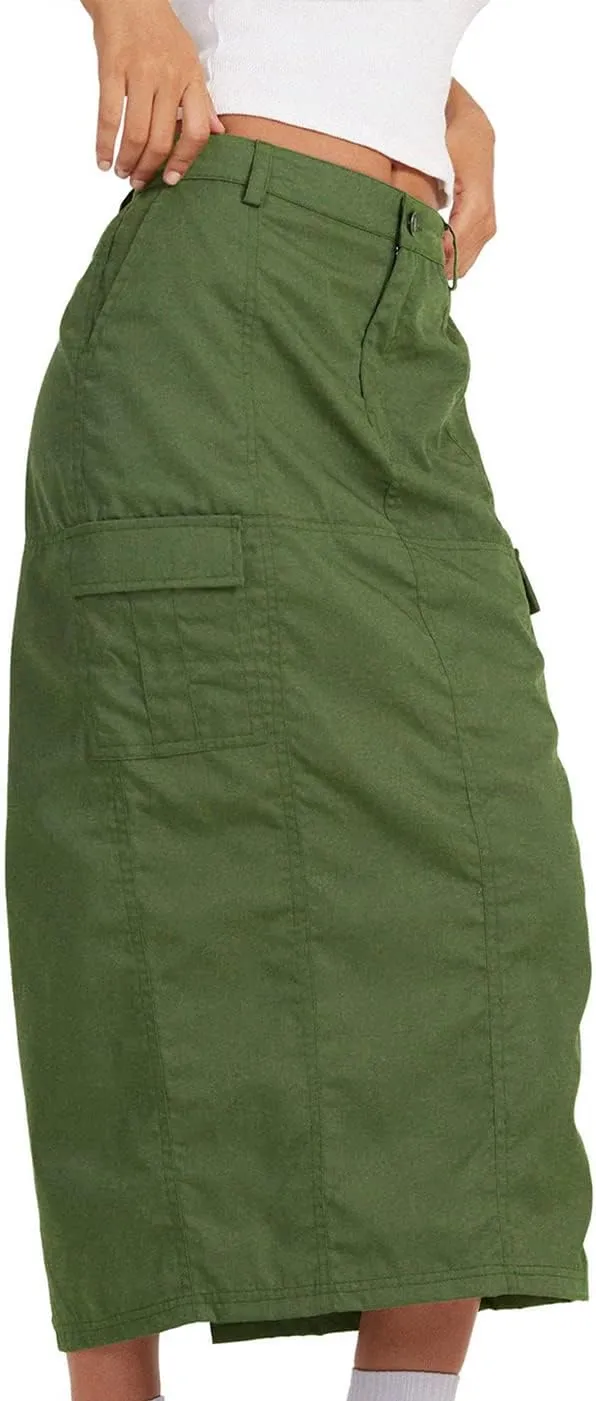 chouyatou Womens Summer Fashion Long Y2k Cargo Skirt A-Line Midi Skirt with Cargo Pockets