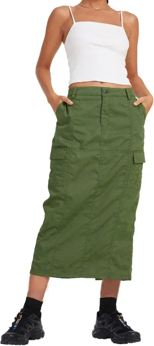 chouyatou Womens Summer Fashion Long Y2k Cargo Skirt A-Line Midi Skirt with Cargo Pockets