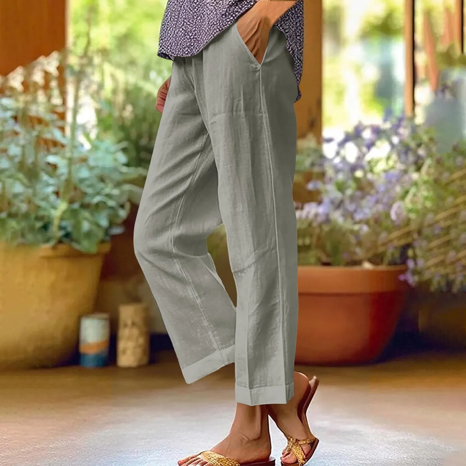 Comfy Womans Dress Pants Summer Loose Cotton Linen Pants Vacation Casual Beach Trousers Flowy Slacks with Pockets