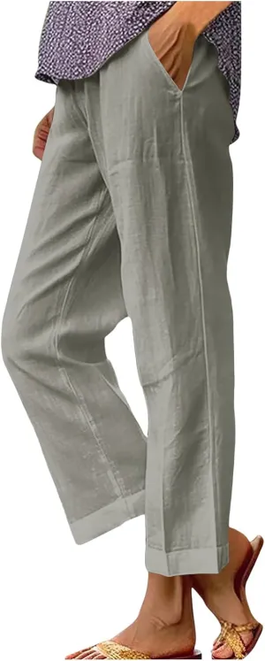 Comfy Womans Dress Pants Summer Loose Cotton Linen Pants Vacation Casual Beach Trousers Flowy Slacks with Pockets