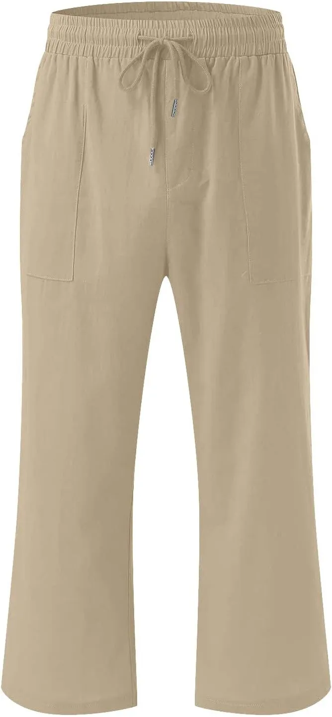 Cotton Linen Capri Pants for Women Casual Summer Straight Wide Leg Palazzo Capris Loose Comfy Beach Cropped Trousers