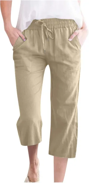 Cotton Linen Capri Pants for Women Casual Summer Straight Wide Leg Palazzo Capris Loose Comfy Beach Cropped Trousers