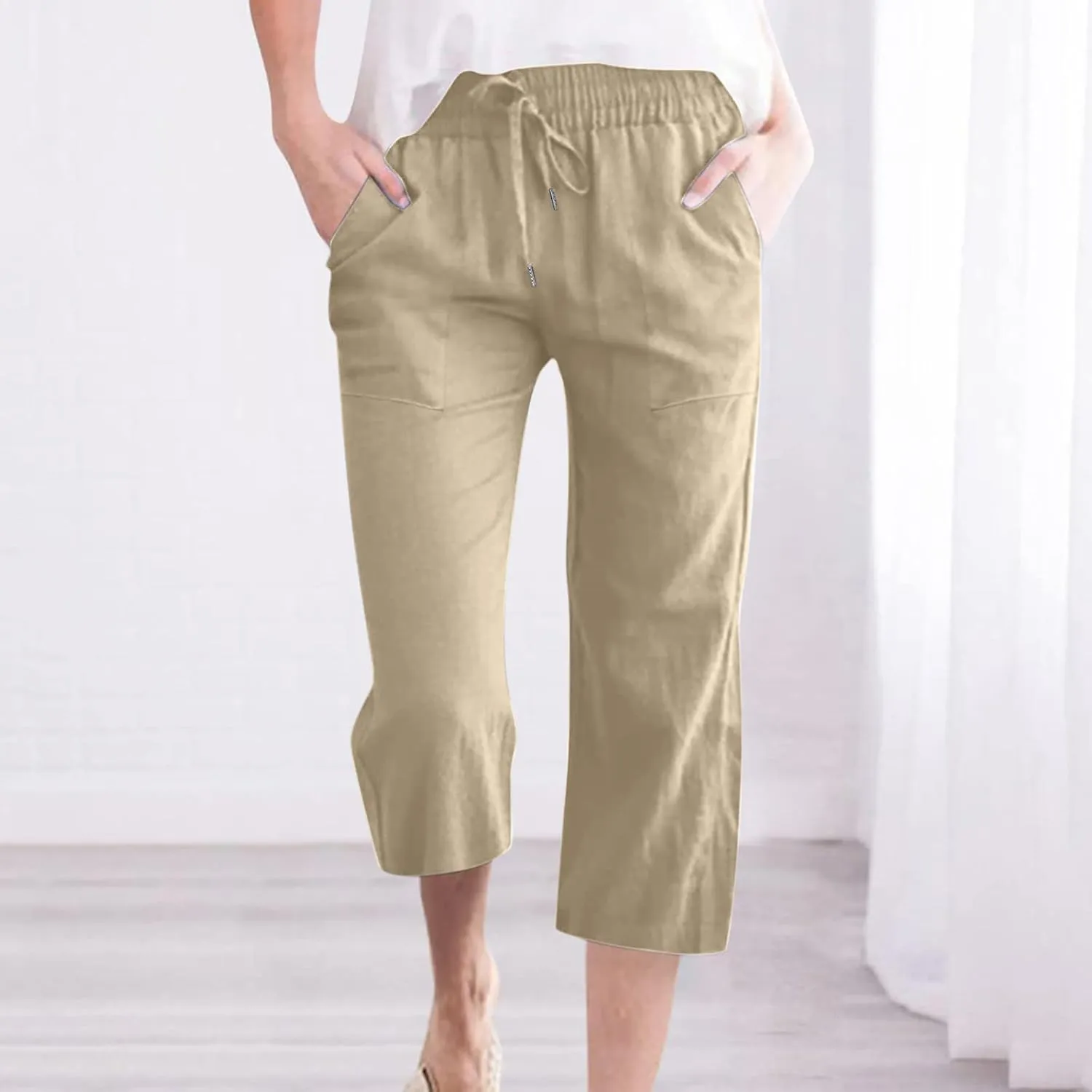 Cotton Linen Capri Pants for Women Casual Summer Straight Wide Leg Palazzo Capris Loose Comfy Beach Cropped Trousers