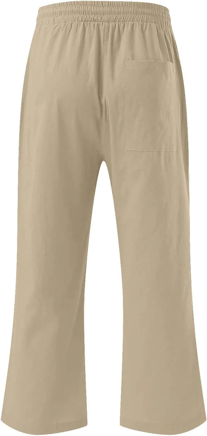 Cotton Linen Capri Pants for Women Casual Summer Straight Wide Leg Palazzo Capris Loose Comfy Beach Cropped Trousers