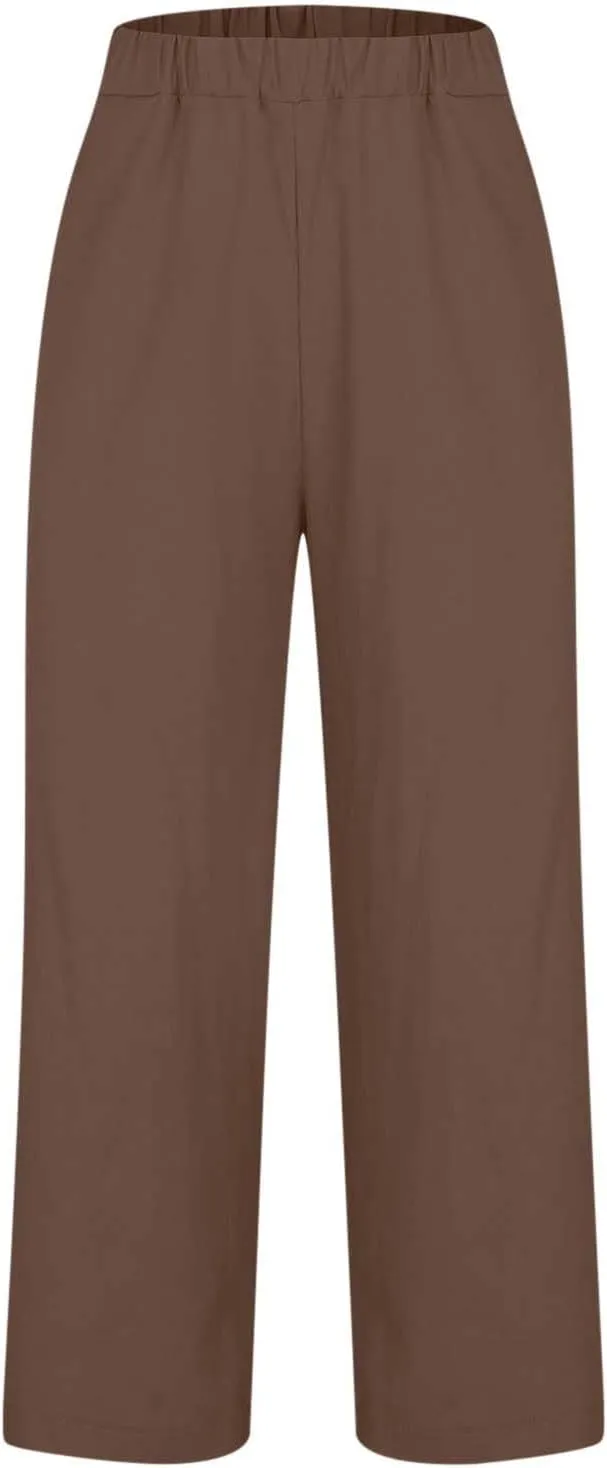 Cotton Linen Cropped Pants for Women 2025 Summer Elastic Waist Straight Wide Leg Boho Beach Trouser with Pockets