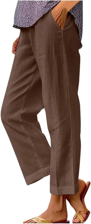 Cotton Linen Cropped Pants for Women 2025 Summer Elastic Waist Straight Wide Leg Boho Beach Trouser with Pockets