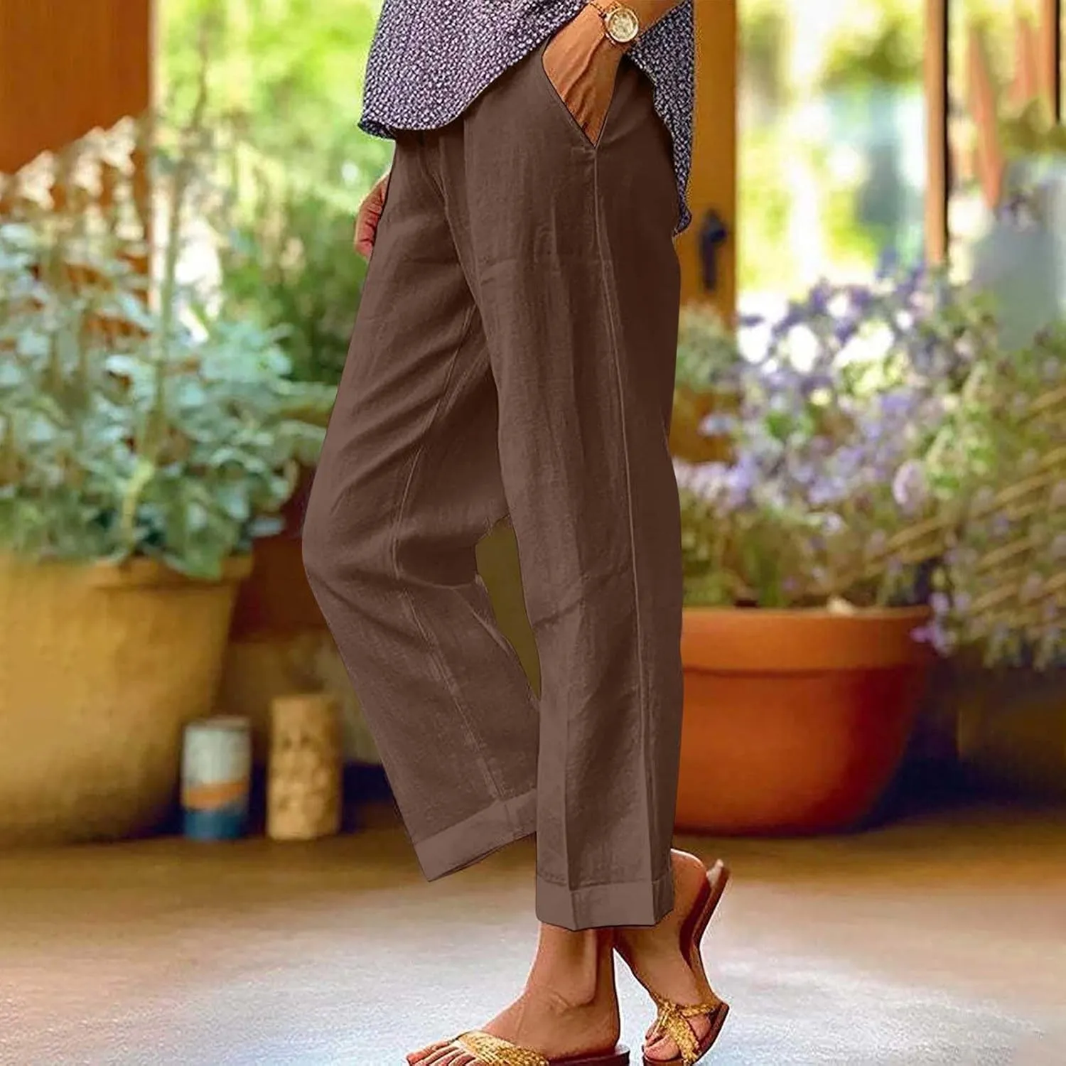 Cotton Linen Cropped Pants for Women 2025 Summer Elastic Waist Straight Wide Leg Boho Beach Trouser with Pockets