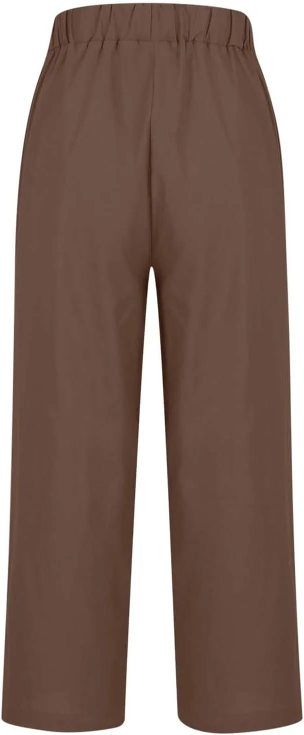 Cotton Linen Cropped Pants for Women 2025 Summer Elastic Waist Straight Wide Leg Boho Beach Trouser with Pockets