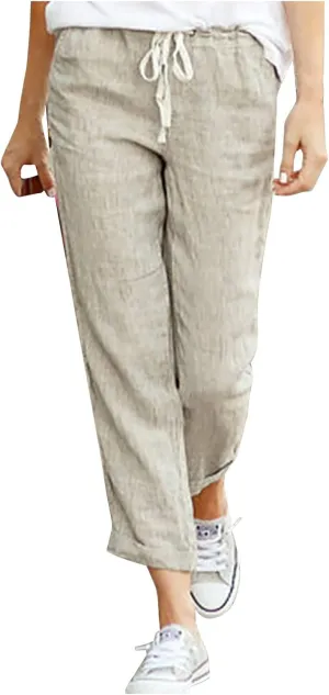 Cotton Linen Pants for Women 2024 Summer Drawstring High Waist Cropped Pants Loose Wide Leg Trousers with Pockets