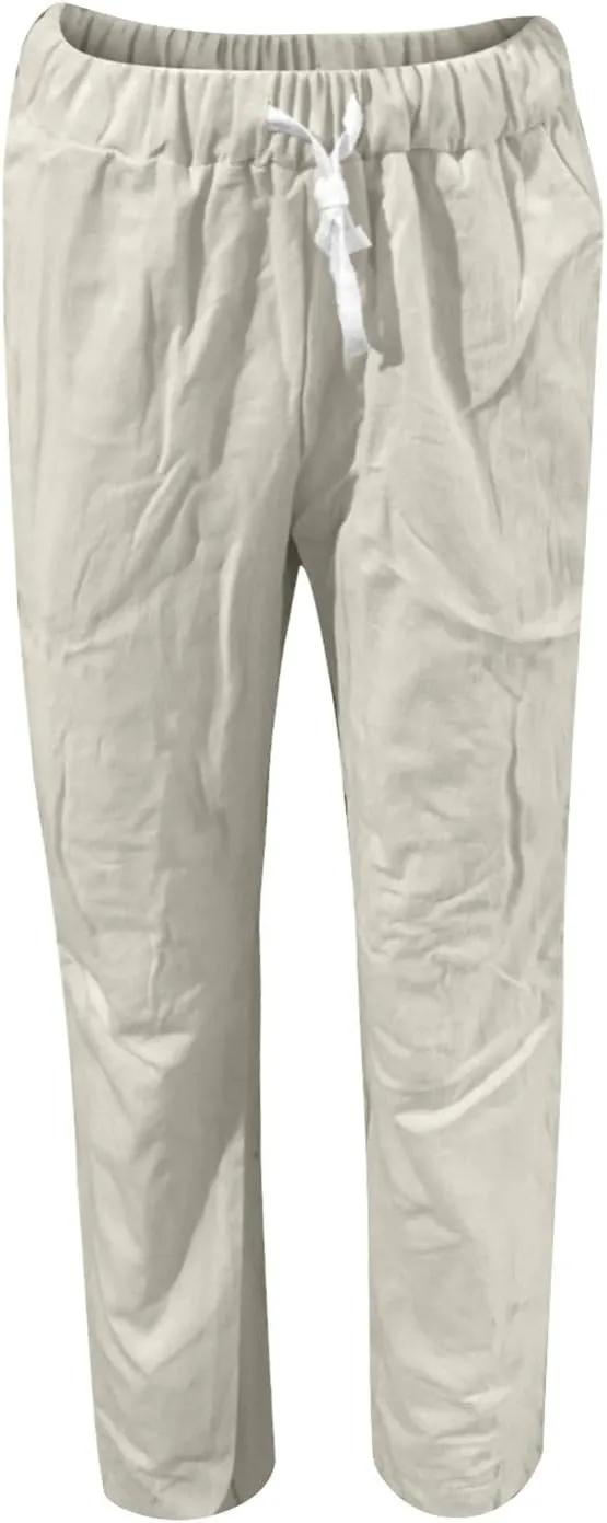 Cotton Linen Pants for Women 2024 Summer Drawstring High Waist Cropped Pants Loose Wide Leg Trousers with Pockets