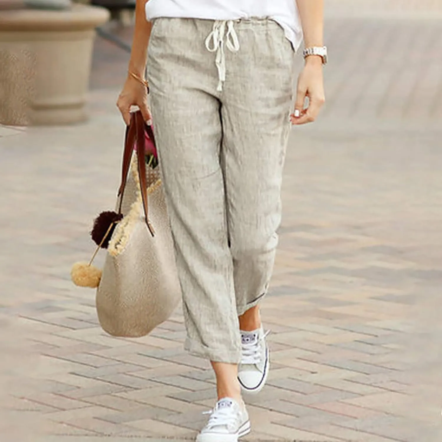 Cotton Linen Pants for Women 2024 Summer Drawstring High Waist Cropped Pants Loose Wide Leg Trousers with Pockets