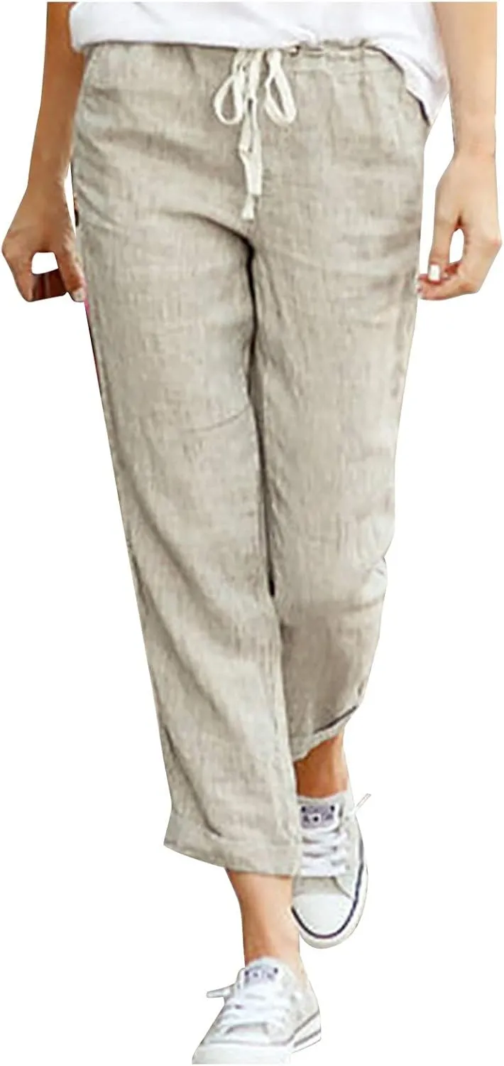Cotton Linen Pants for Women 2024 Summer Drawstring High Waist Cropped Pants Loose Wide Leg Trousers with Pockets