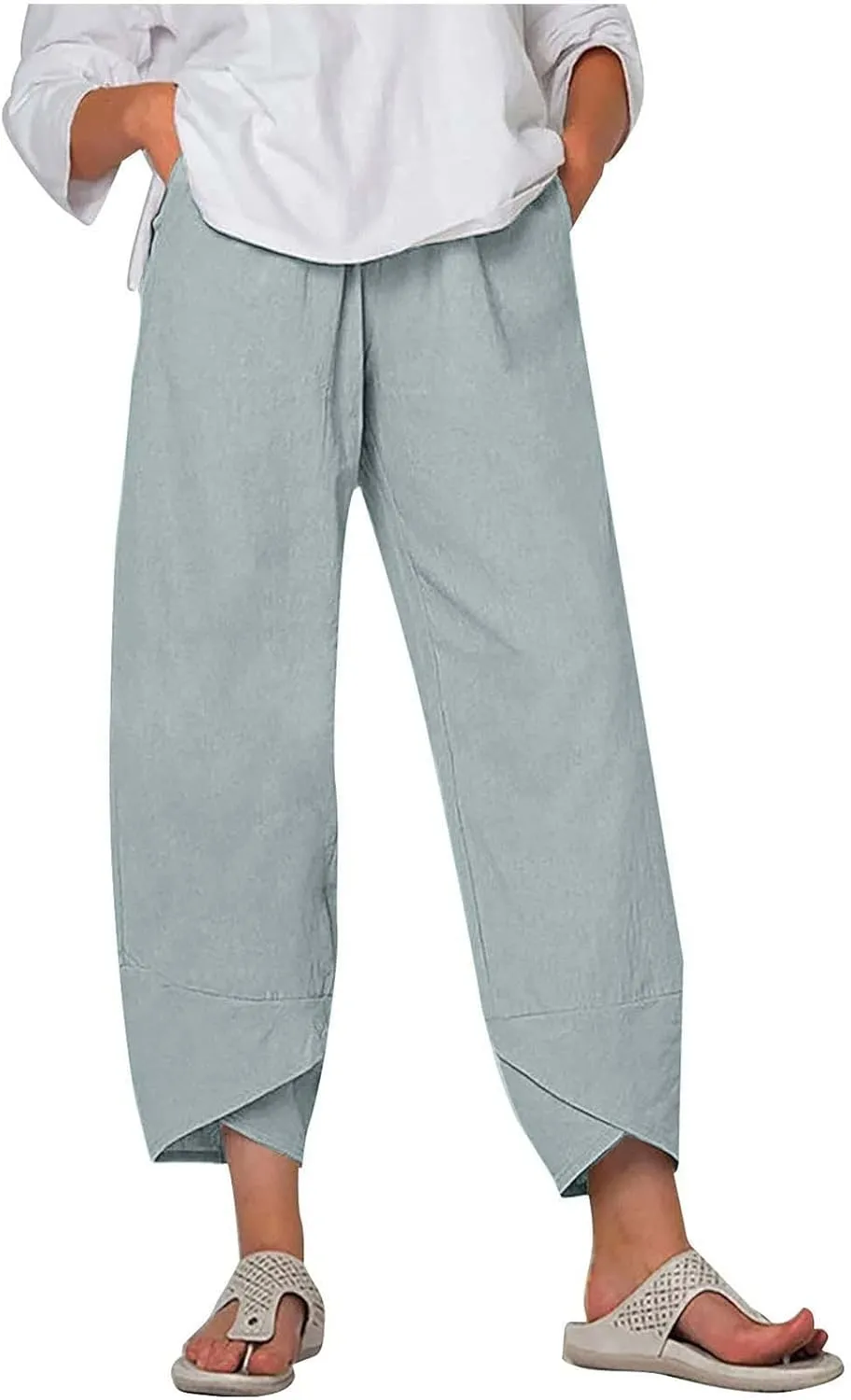 Cotton Linen Pants for Women Summer Wide Leg Capri Pants Petal Hem Baggy Cropped Trousers with Pockets
