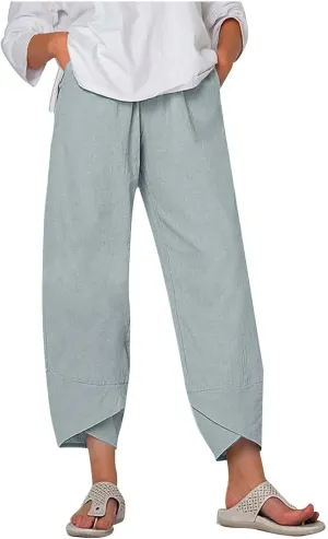Cotton Linen Pants for Women Summer Wide Leg Capri Pants Petal Hem Baggy Cropped Trousers with Pockets