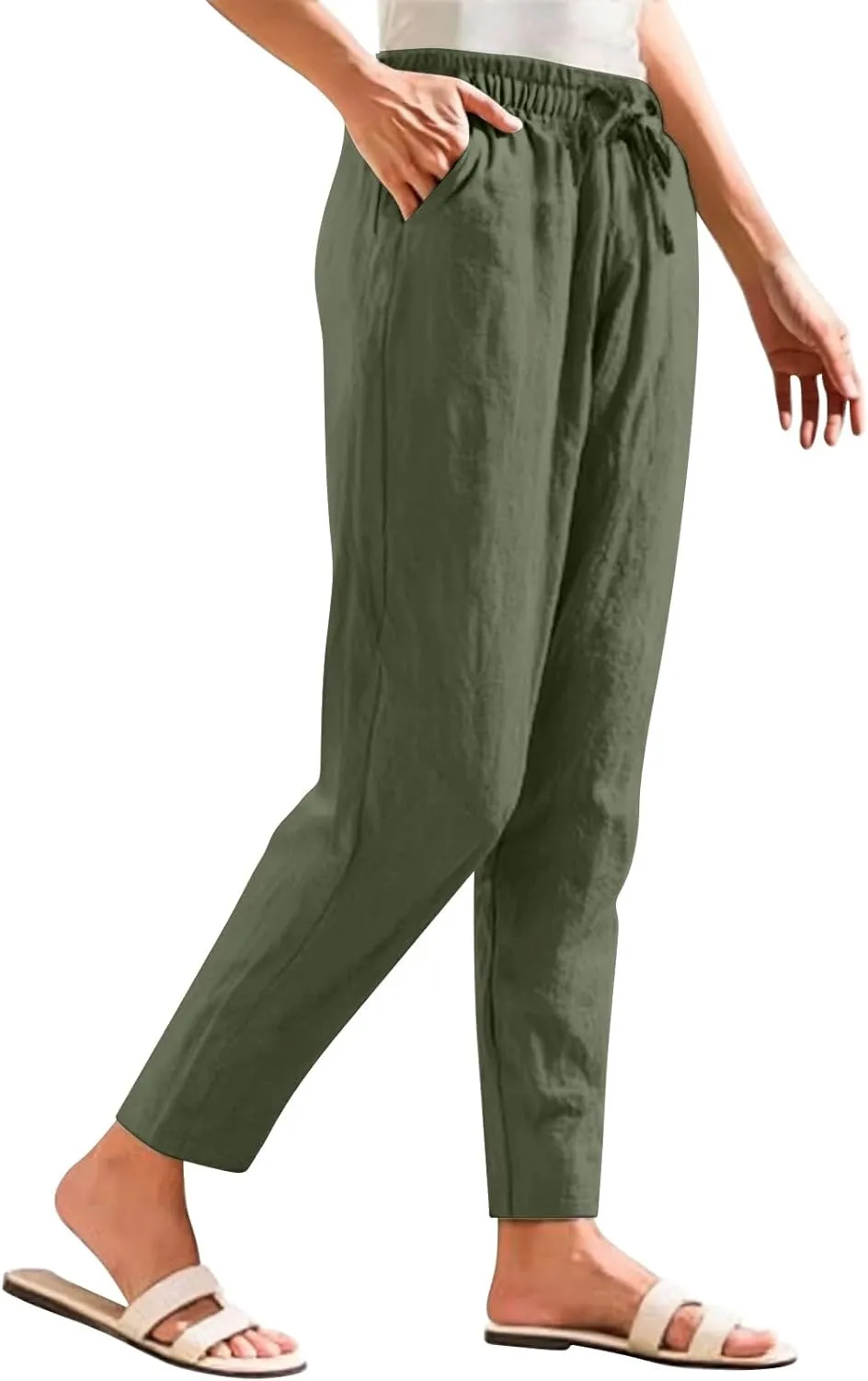 Cotton Linen Pants Women Lightweight Summer Joggers Drawstring Straight Leg Trousers Casual Beach Pants with Pockets