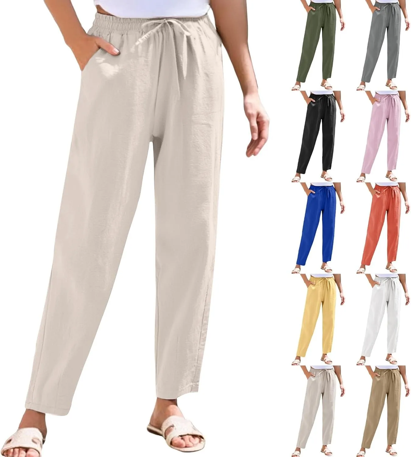 Cotton Linen Pants Women Lightweight Summer Joggers Drawstring Straight Leg Trousers Casual Beach Pants with Pockets