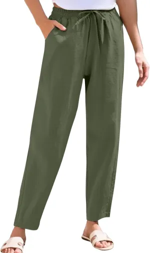 Cotton Linen Pants Women Lightweight Summer Joggers Drawstring Straight Leg Trousers Casual Beach Pants with Pockets